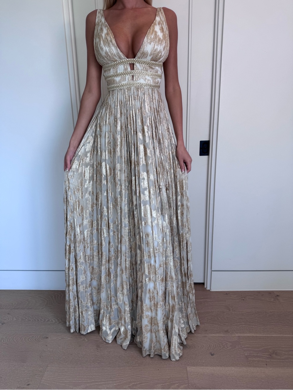 Gold and White Plunging V-Neck Maxi Gown with Tassels at Waist